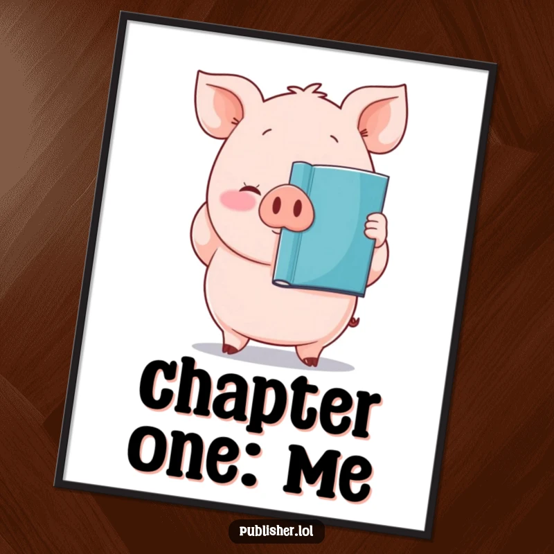 Funny poster with a plump, proud pig character holding a newly printed book, a celebration of writing.