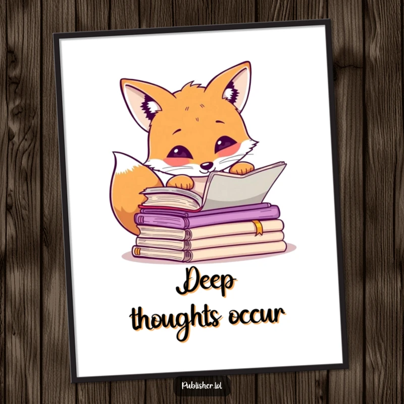 Funny curious fox peering over manuscripts, paw raised in thought, humorous wall art for study spaces.