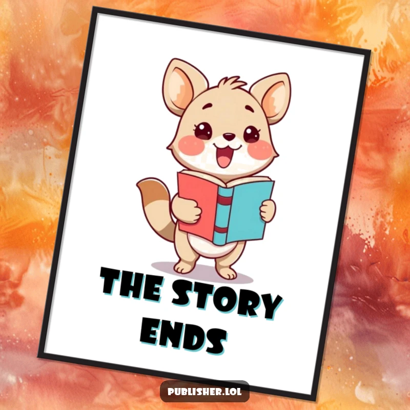 Funny poster depicting an adorable animal character joyfully presenting a finished book with an expressive flourish and excitement.