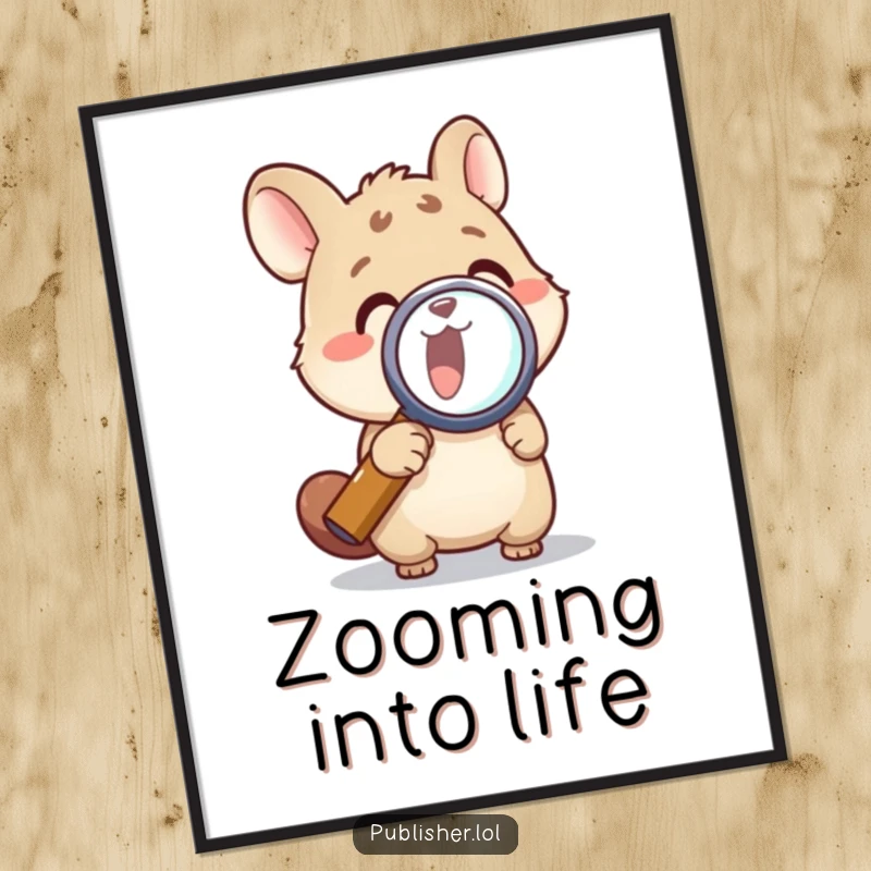 Funny poster of an animal character using a magnifying glass, perfect for inquisitive decor and a great funny gift.