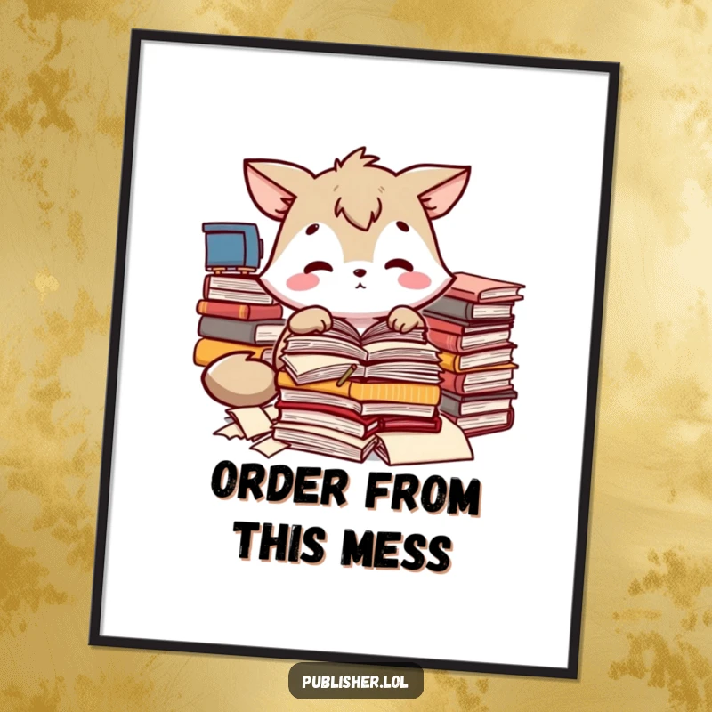 Funny poster of an animal character sorting manuscripts, perfect for focused decor and a great funny gift.