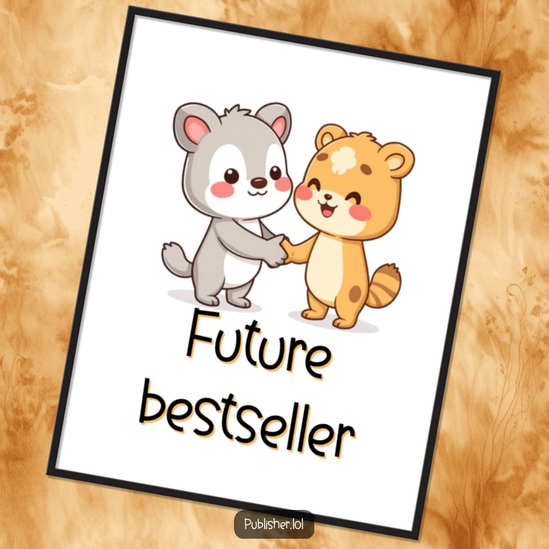 Funny poster of a character shaking hands with an unseen author, celebrating literary collaboration and creativity, a great funny gift.