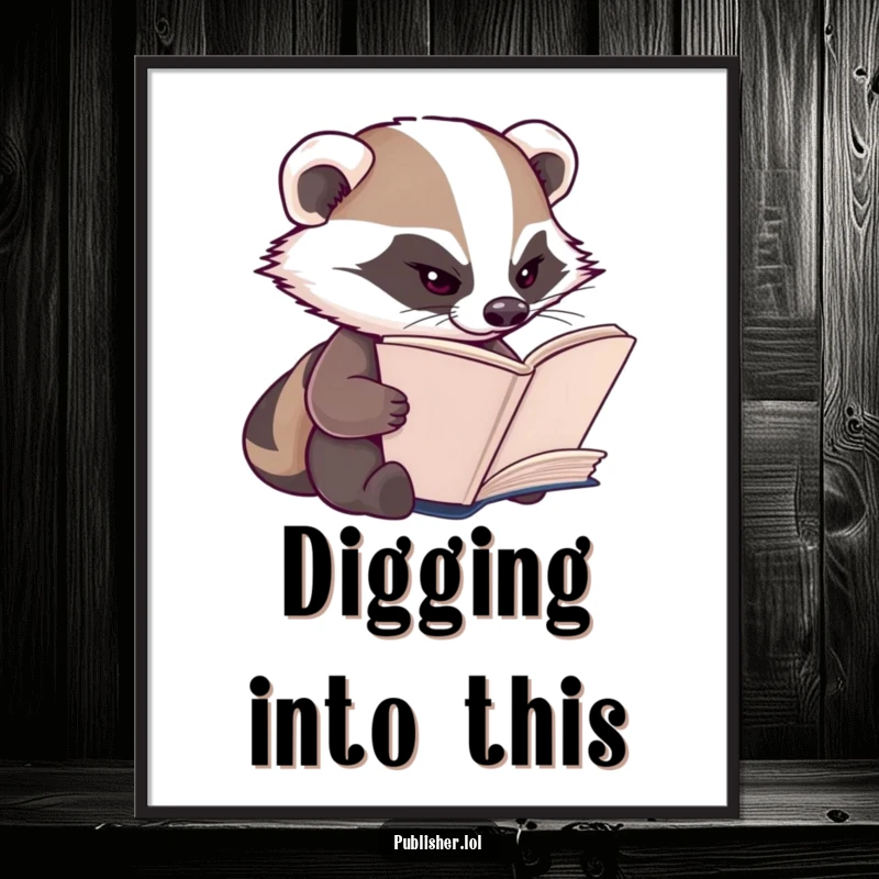 Funny Badger Poster: A diligent badger character inspects book pages with a determined squint, exuding focus.