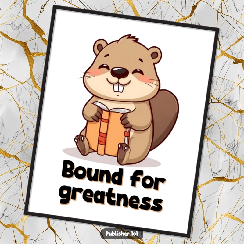 Funny poster art of a helpful beaver character binding a book with gusto and a satisfied nod, ideal wall decor for bibliophiles.