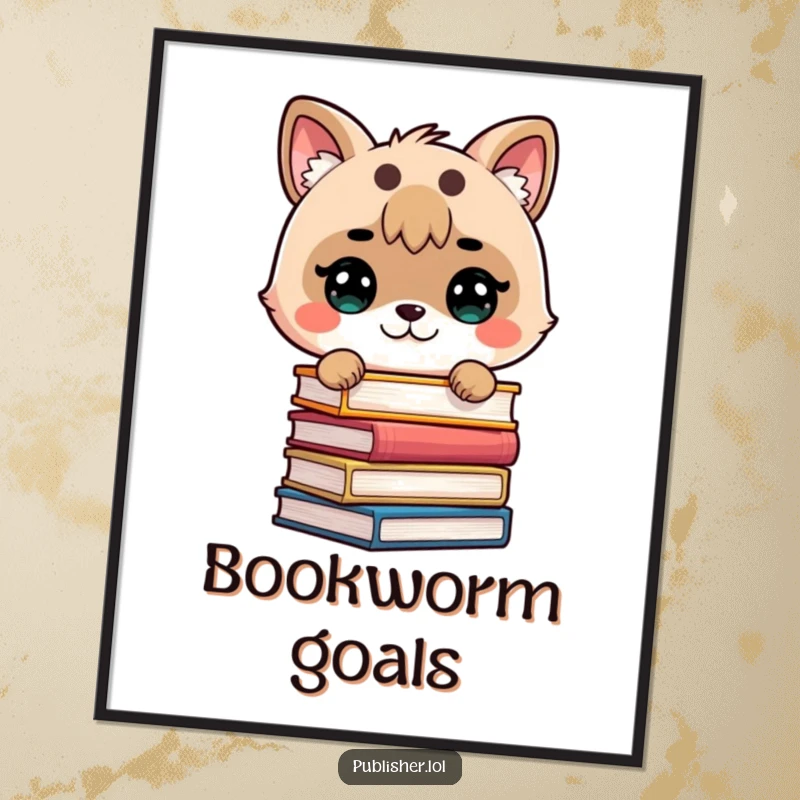 Funny poster of a cute animal determinedly stacking books with precision, symbolizing a passion for reading and organized knowledge.