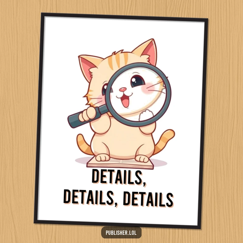 Funny poster art of a cute cat enthusiastically holding a giant magnifying glass over a document, ready for investigation.