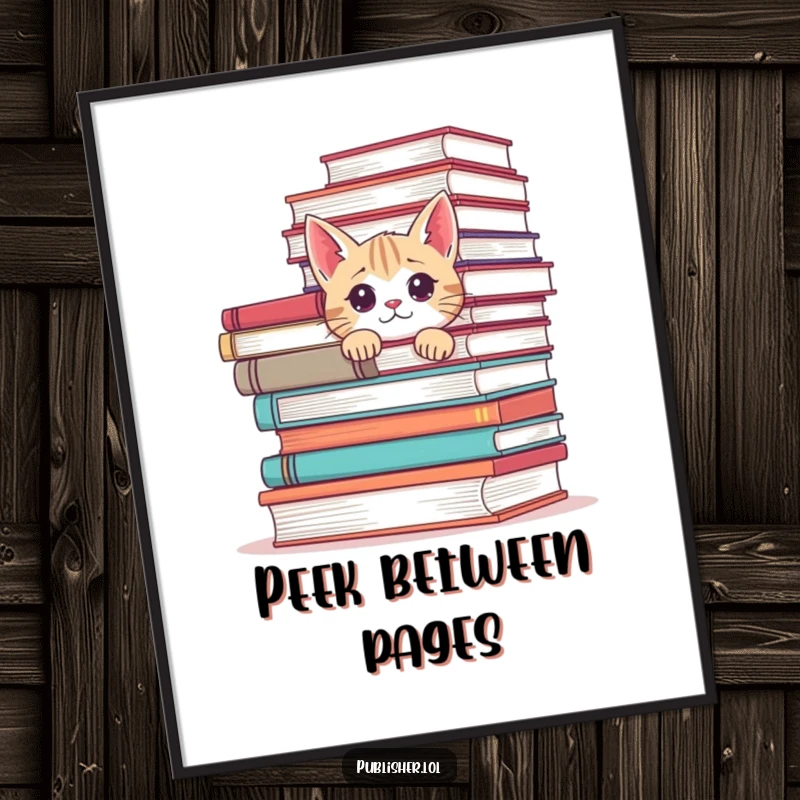 Funny poster art of a curious cat peeking from behind a stack of books, adding a touch of playful charm to any wall.