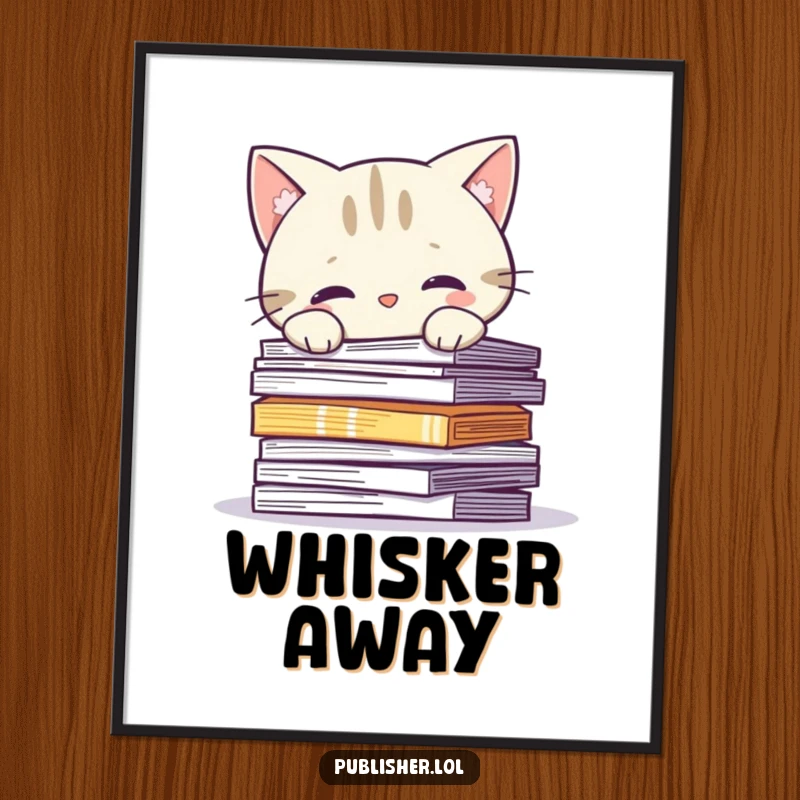 Funny Poster: Curious cat character peeks over printed pages, adding whimsical and literary decor to a space.