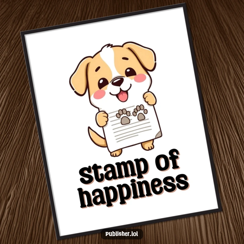 Funny wall poster, cute dog enthusiastically stamping document, happy paw mark, office approval, cheerful art for funny gift enthusiasts.