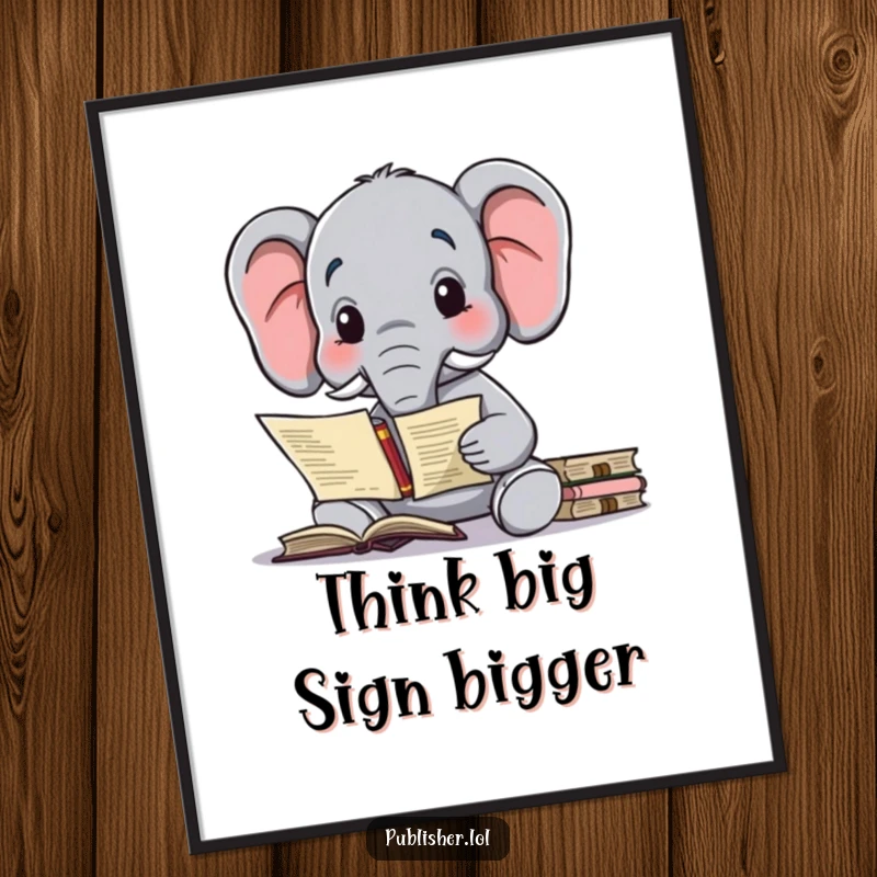 Funny poster featuring a wise elephant character contemplating a complex publishing contract, symbolizing literary strategy.