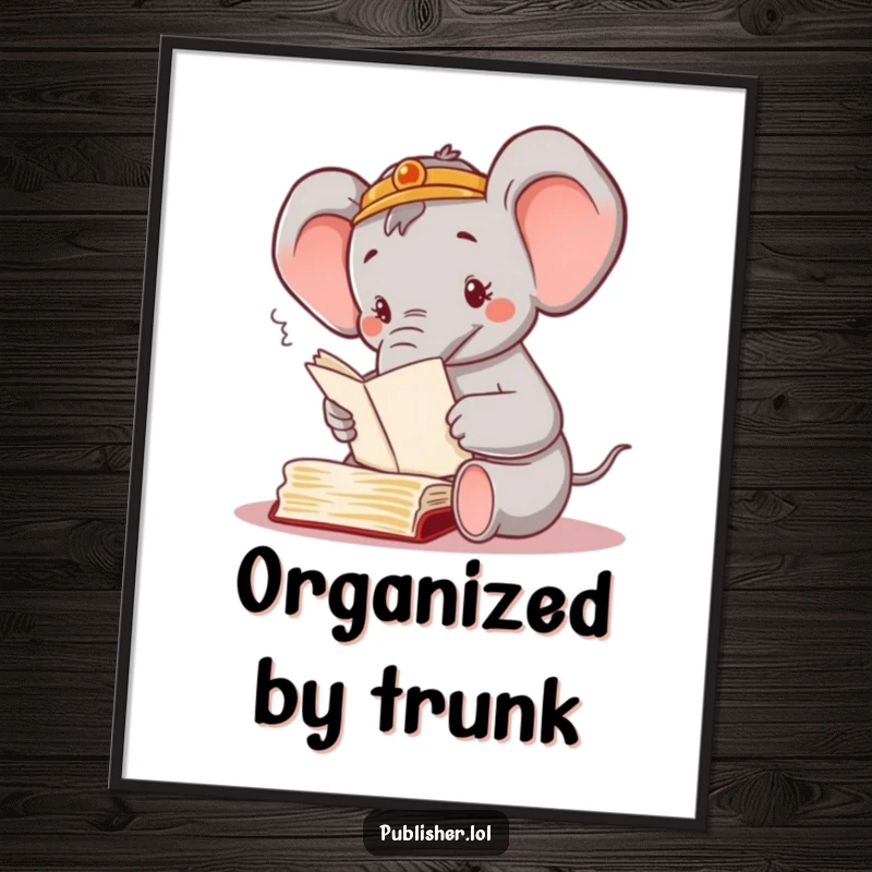 Funny poster showcasing a contented elephant character meticulously sorting through piles of manuscripts with its trunk, perfect for office decor.