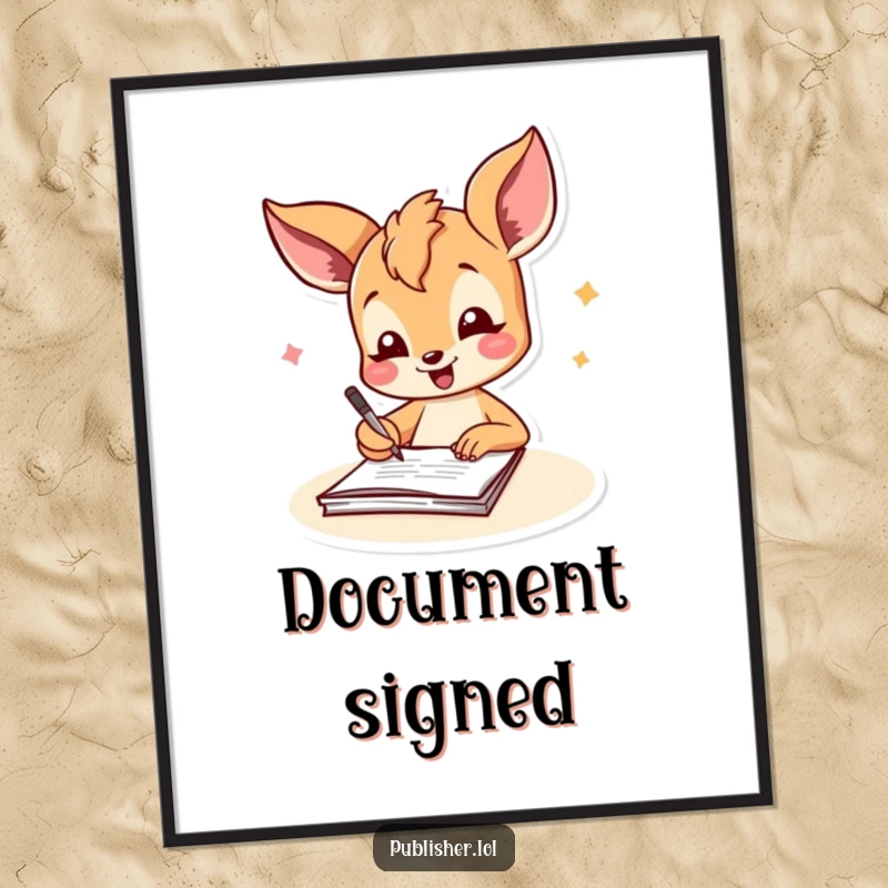Funny fawn poster featuring a joyful character signing a document with a cheerful flourish, perfect for celebrating happy milestones and humor.