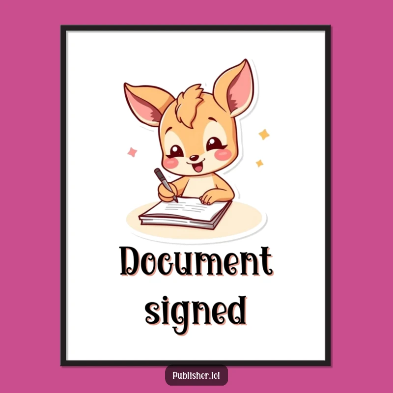 Funny Fawn Signing Document Poster: Joyful Wall Art for Celebratory Spaces