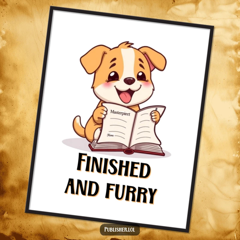 Funny Poster: Happy dog character enthusiastically barks at a finished manuscript, adding celebratory and humorous wall art.