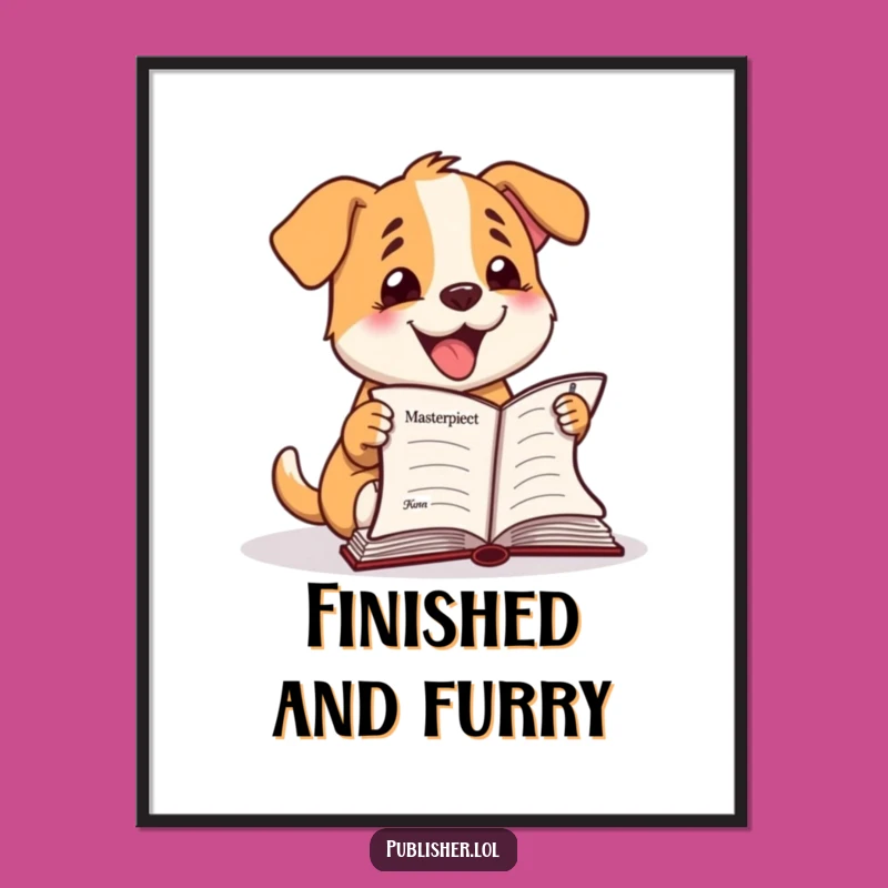 Funny Happy Dog Manuscript Poster: Celebrate Literary Success on Your Walls