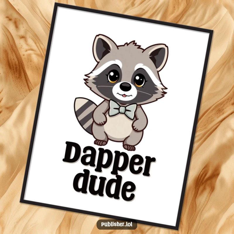 Funny kawaii raccoon poster featuring a charming character in a bow tie looking quite important, perfect for adding sophisticated humor to walls.