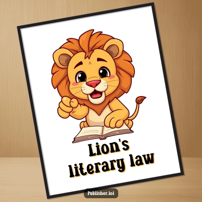 Funny poster of a proud and decisive lion character pointing authoritatively at a manuscript, conveying strength and focused intent.