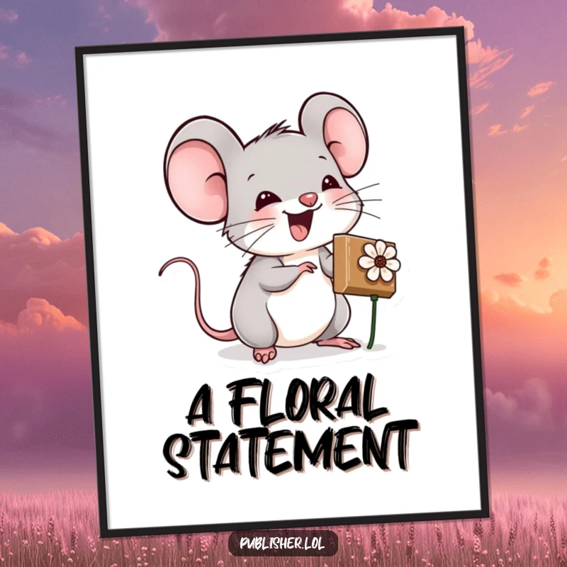 Funny poster art of an excited mouse character using a tiny flower stamp, perfect for inspiring crafters and DIY enthusiasts.