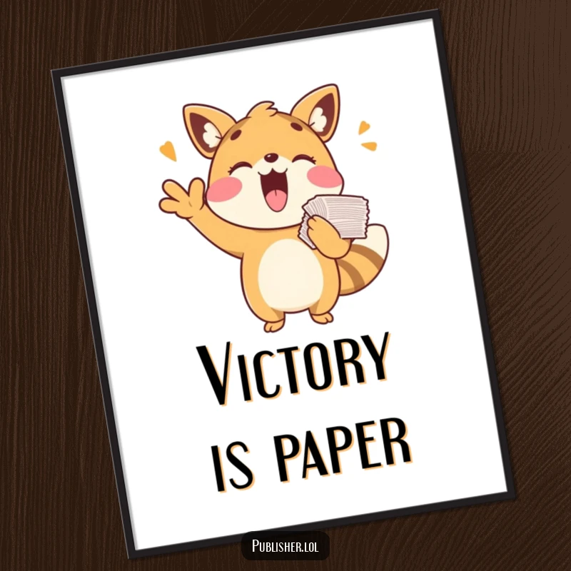 Funny poster of a playful animal character cheering with papers, perfect for joyful decor and a great funny gift.