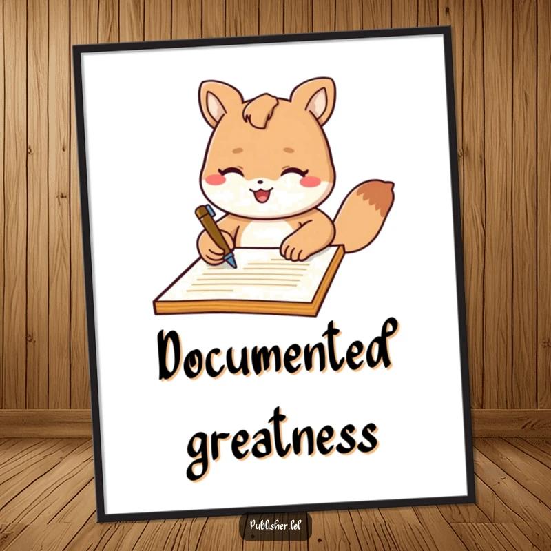 Funny Poster: Artistic depiction of a friendly animal character signing a document with an impressive flourish, ideal for humorous office decor.