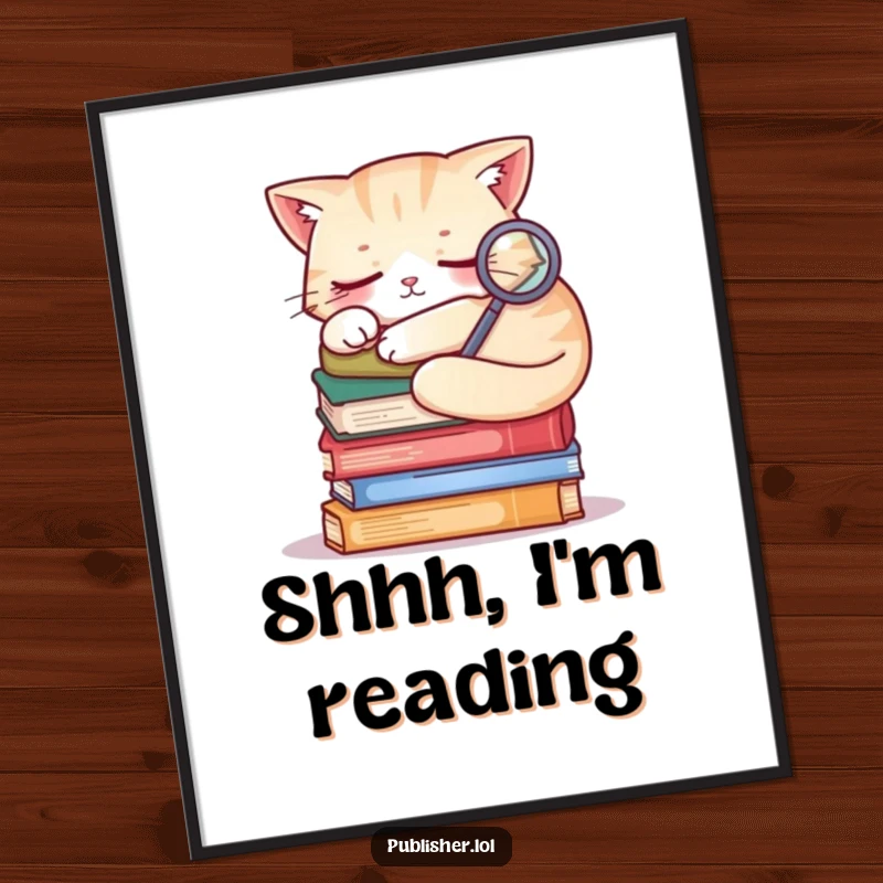 Funny sleepy cat curled on books, holding tiny magnifying glass, whimsical wall art for reading rooms.