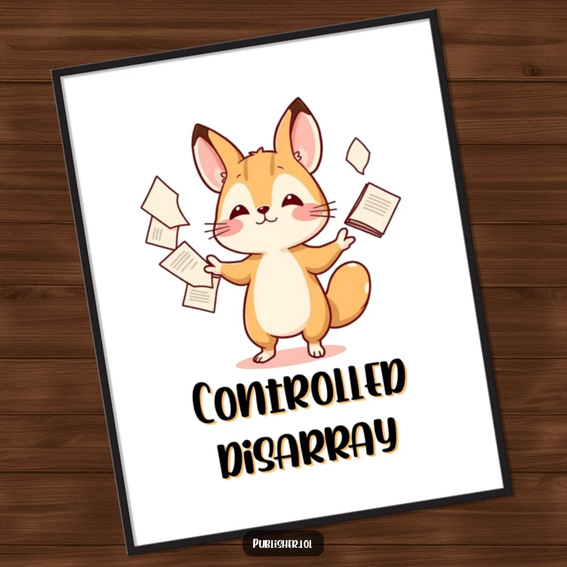 Funny poster of a tiny, energetic animal character skillfully juggling a multitude of papers with great dexterity and a cheerful demeanor.