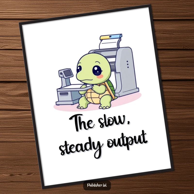 Funny Poster featuring a thoughtful turtle intently observing a printing press machine, adding vintage charm and humorous contemplation to any wall.