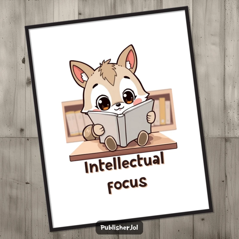 Funny Poster: A kawaii animal character with wide, focused eyes is depicted meticulously reviewing a large manuscript.