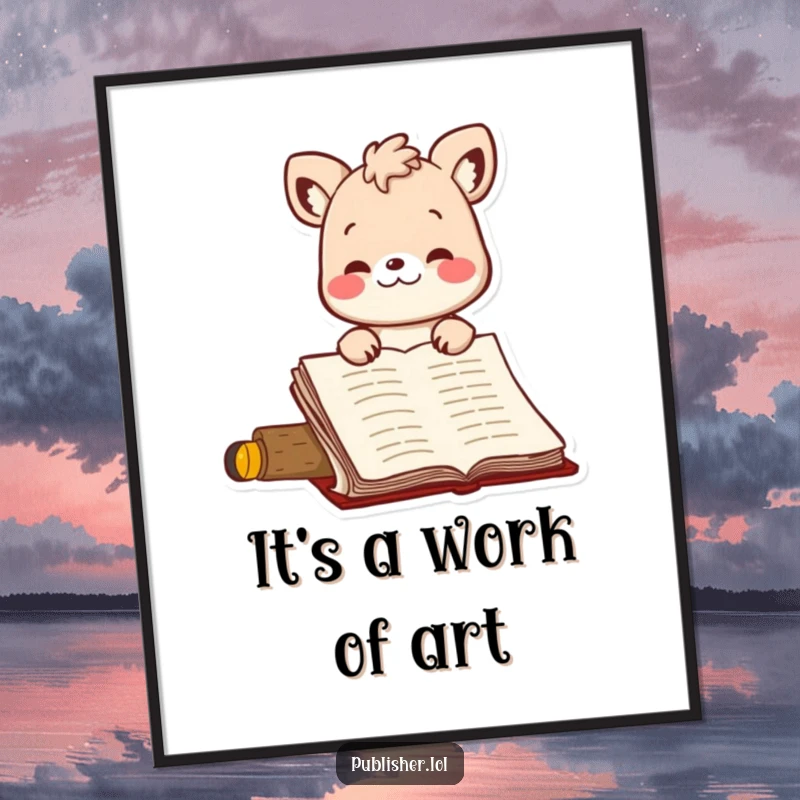 Funny poster showcasing a bouncing animal character nodding enthusiastically at a manuscript, a humorous piece of art for writers and book lovers.