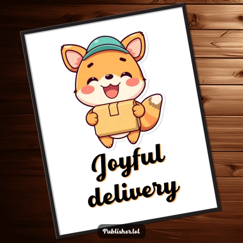 Funny poster of a happy animal gleefully delivering a package with a wide smile, symbolizing joy and successful deliveries.