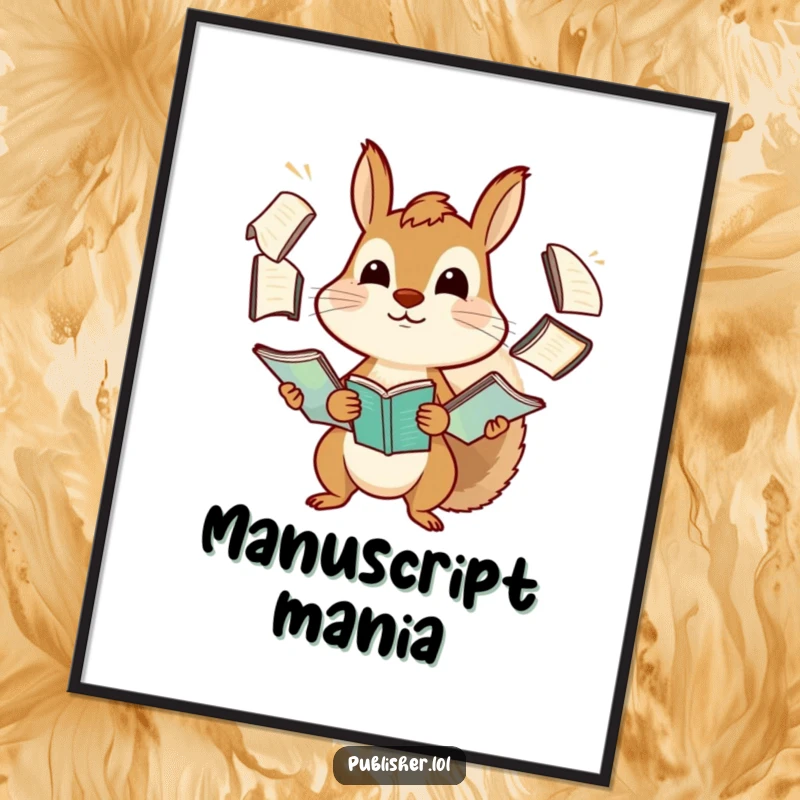 Funny squirrel poster featuring a determined character in the act of comically juggling a large stack of manuscripts, perfect for humor lovers.