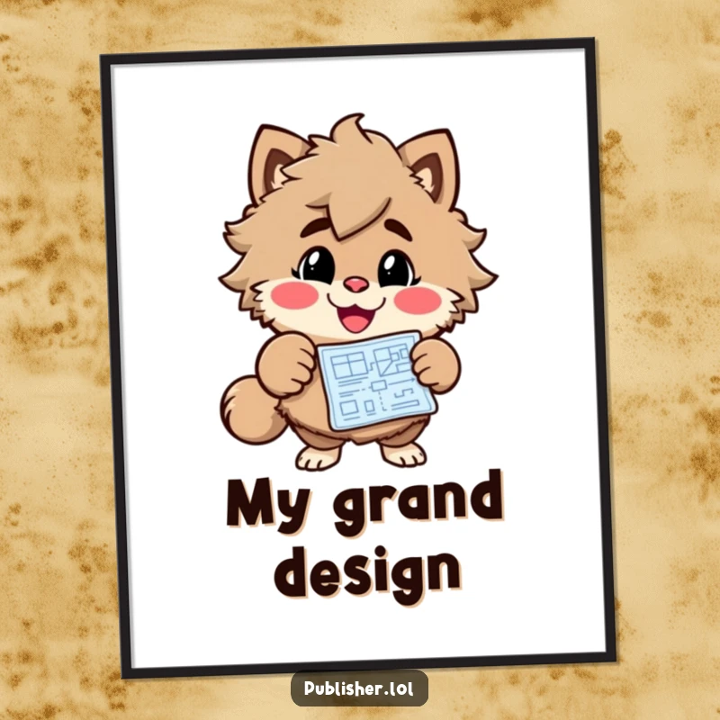 Funny Blueprint Visionary Poster depicting a grinning character enthusiastically pointing at a blueprint, celebrating ambitious ideas humorously.