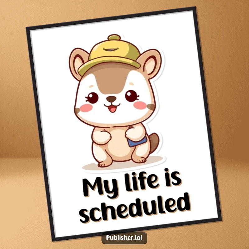 Funny Organized Animal Poster featuring a pleased character with a busy schedule hat, radiating organization and happiness, perfect wall decor.
