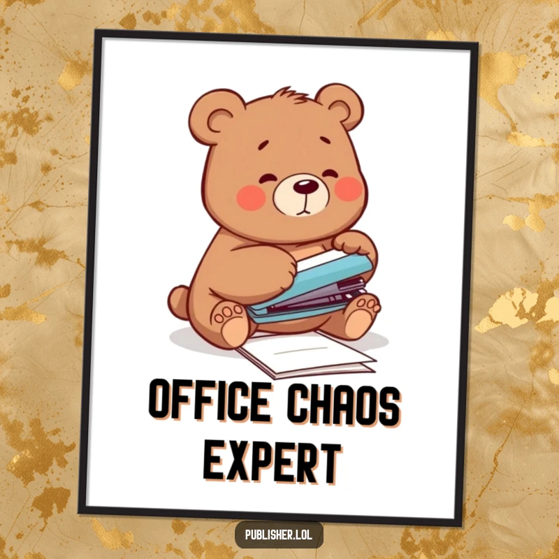 Funny Office Poster featuring a clumsy bear comically attempting to staple papers with its own paw, adding a touch of humorous relatability.