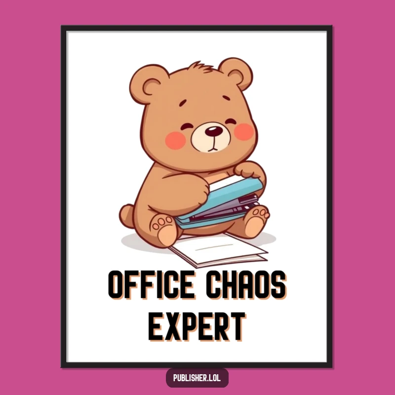 Funny Bear Office Poster - Hilarious Stapler Struggle Art