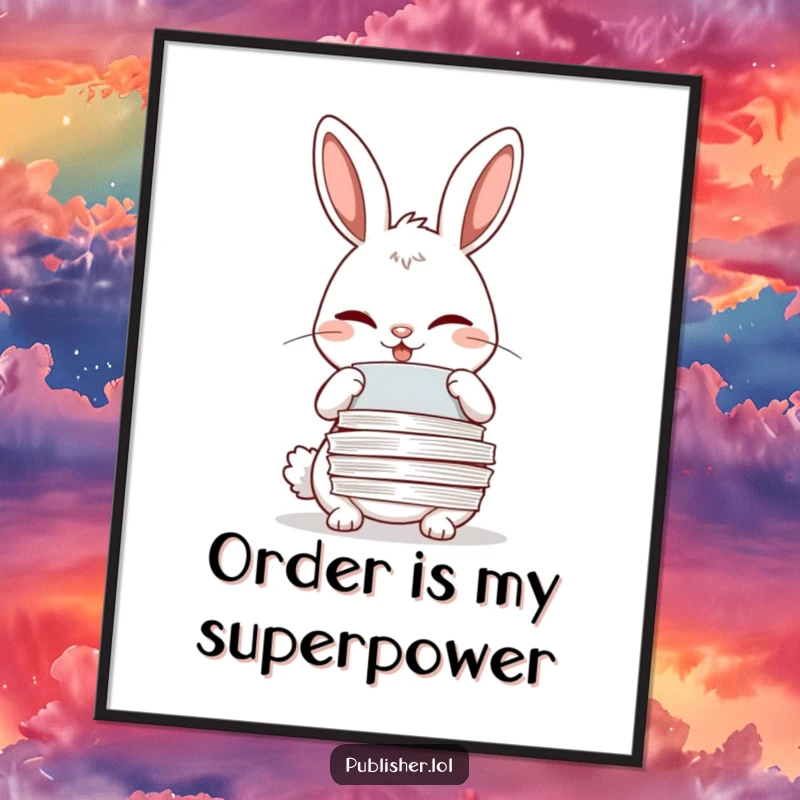Funny winking rabbit adjusting papers with a meticulous grin, presented as humorous office art poster.