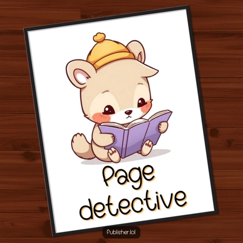 Funny poster of a whimsical animal wearing a tiny hat, intently inspecting a page with a magnifying glass, highlighting details.