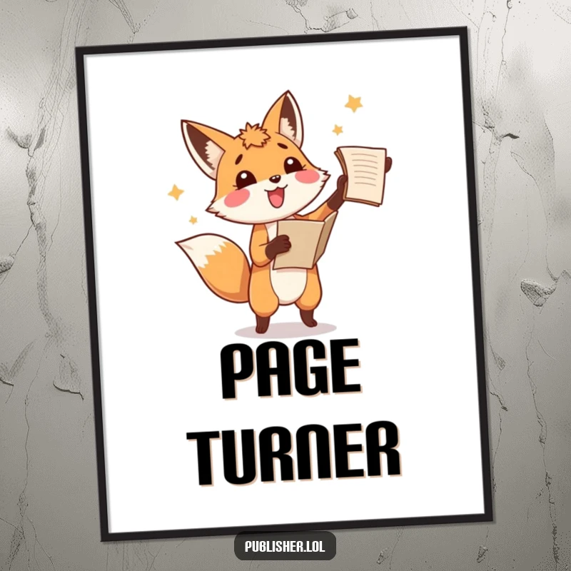 Funny fox art poster, playfully tossing a manuscript aloft with a look of pure amusement, perfect wall decor for readers.