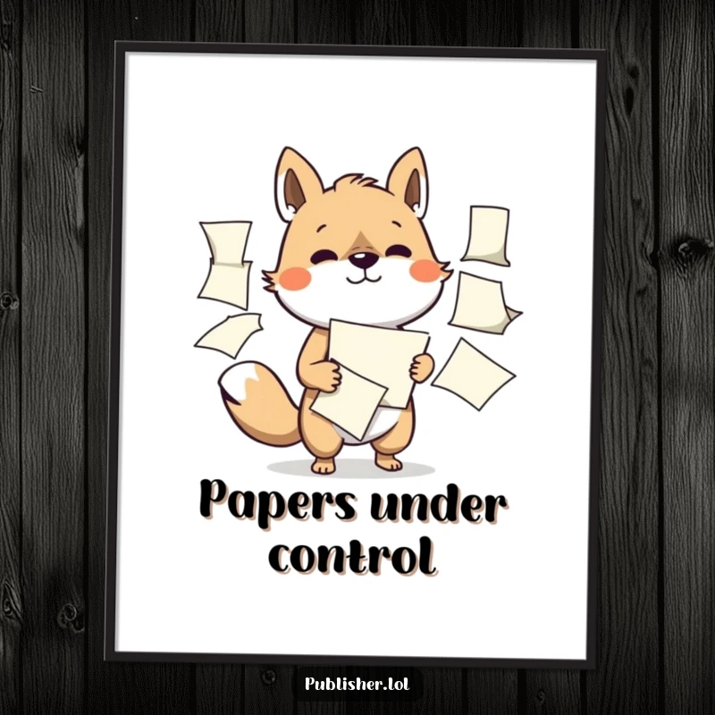 Funny poster featuring a determined animal character expertly managing multiple flapping papers, representing focus and high productivity.