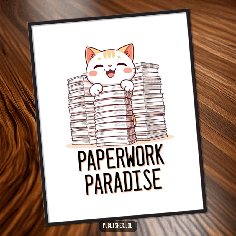 Funny Kawaii Cat Poster showing a happy cat swimming in large stacks of paper, a humorous depiction of workload.