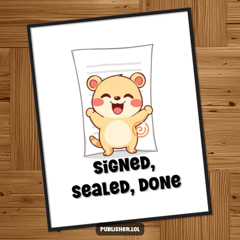 Funny Poster: A cute animal character grins widely while enthusiastically stamping a large document.