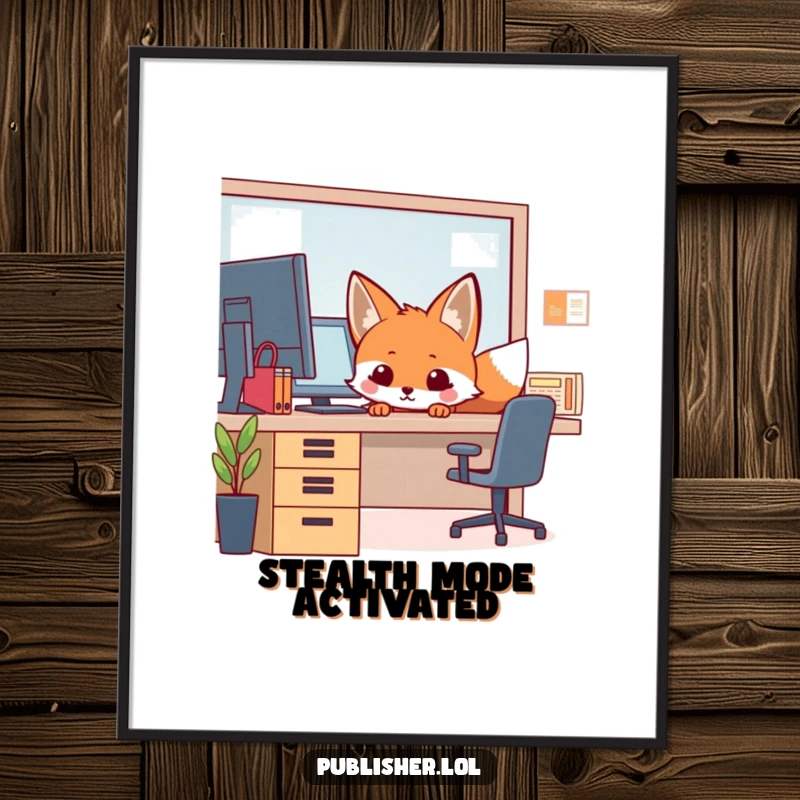 Funny Office Poster depicting a curious fox peeking from behind a busy desk, adding a touch of witty humor and charm to any wall.