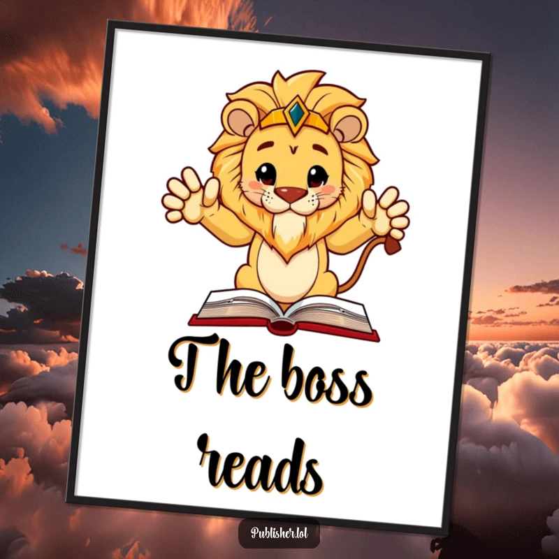 Funny Poster: Regal lion character gestures authoritatively at a book layout, adding wise and humorous wall art.