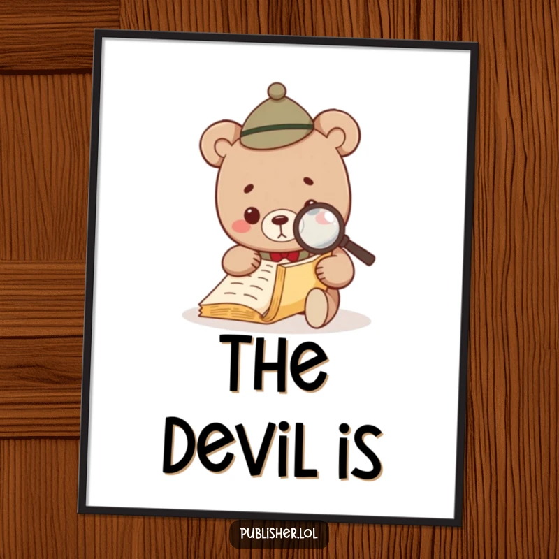 Funny Bear Investigator Poster: a little bear in a hat examines a document with a magnifying glass, perfect literary decor.