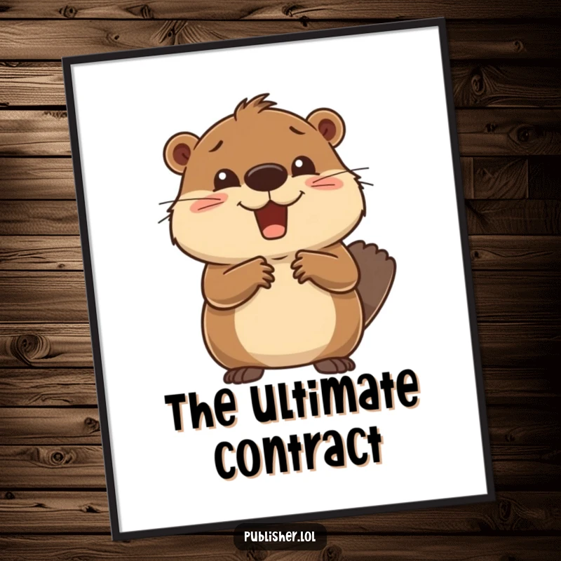 Funny Business Poster featuring a delighted beaver enthusiastically closing a deal with a handshake, designed to inspire success and humor.