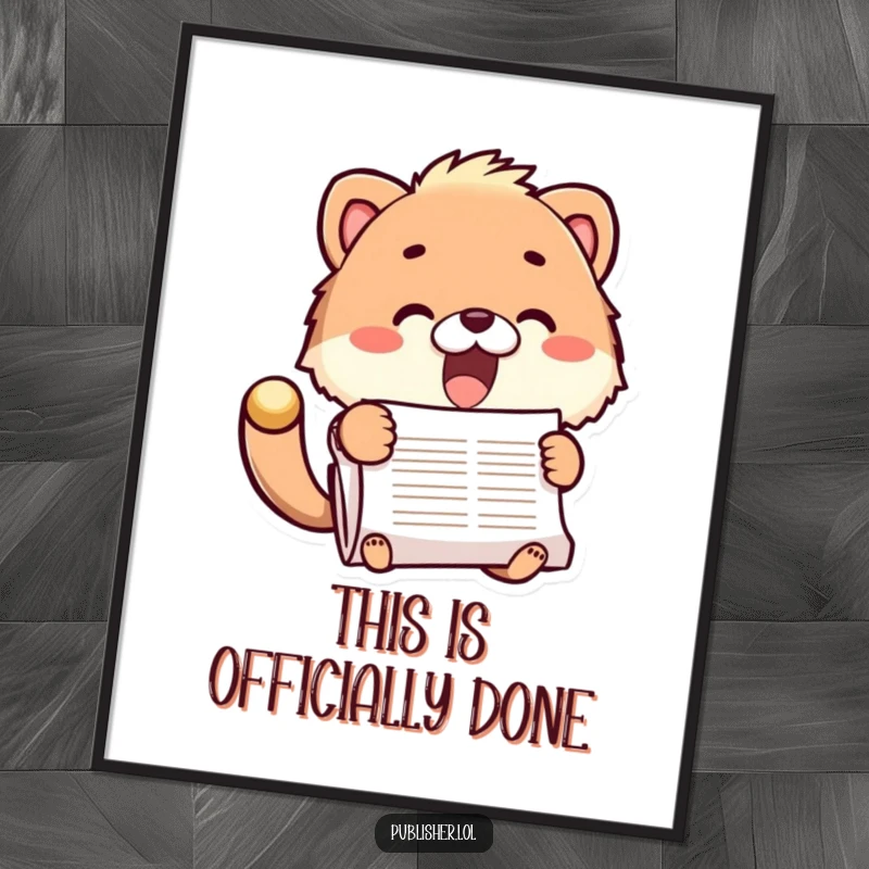 Funny poster featuring a fuzzy animal enthusiastically stamping a document, conveying joy and accomplishment, a great funny gift.