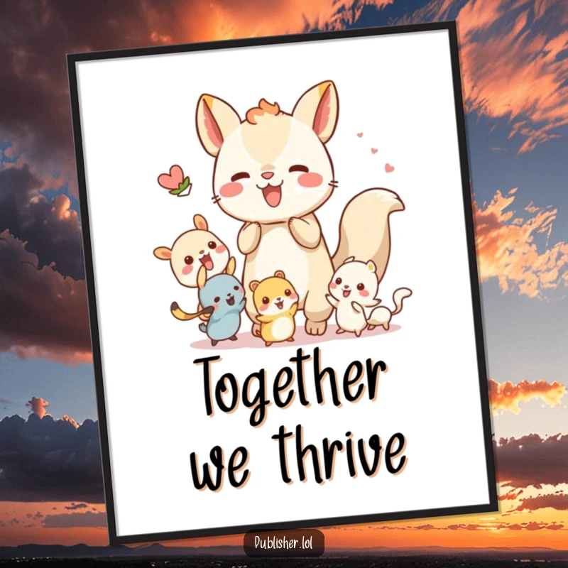 Funny poster featuring a whimsical animal character energetically collaborating with tiny creatures, representing the joy of teamwork and community.