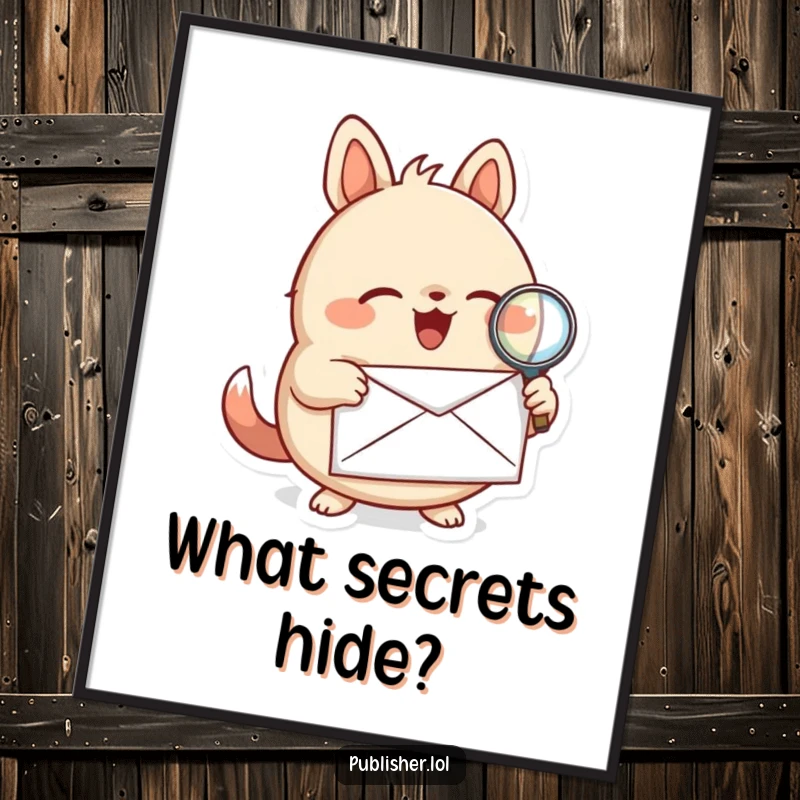 Funny poster featuring a round animal character joyfully examining a letter with a magnifying glass, adding a touch of mystery decor.