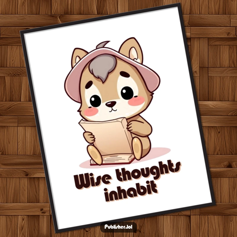 Funny poster featuring a curious animal character thoughtfully considering a large manuscript, representing contemplation and intellectual pursuits.