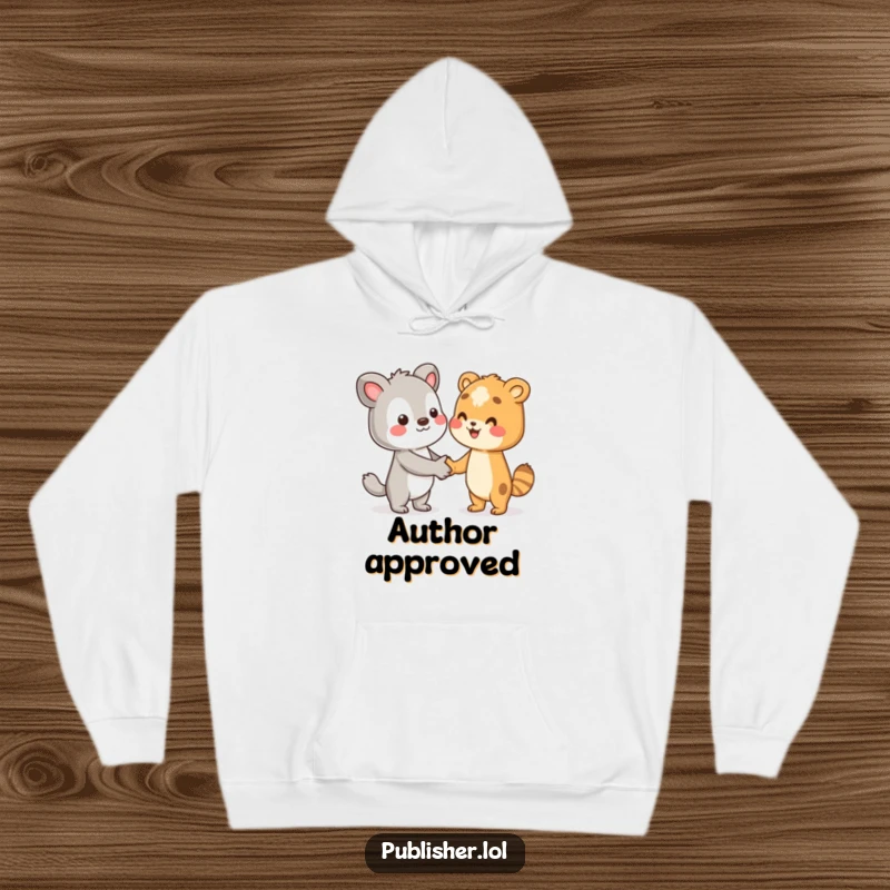 Funny hoodie with a character shaking hands with an unseen author, celebrating literary collaboration and warmth, a great funny gift.